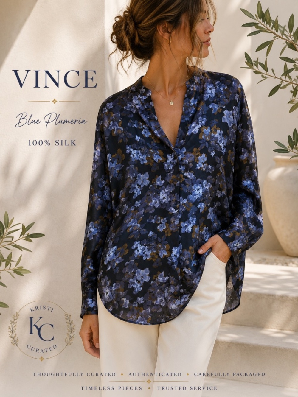 Vince Blue Plumeria Floral 100% Silk Blouse Navy Size XL Like New